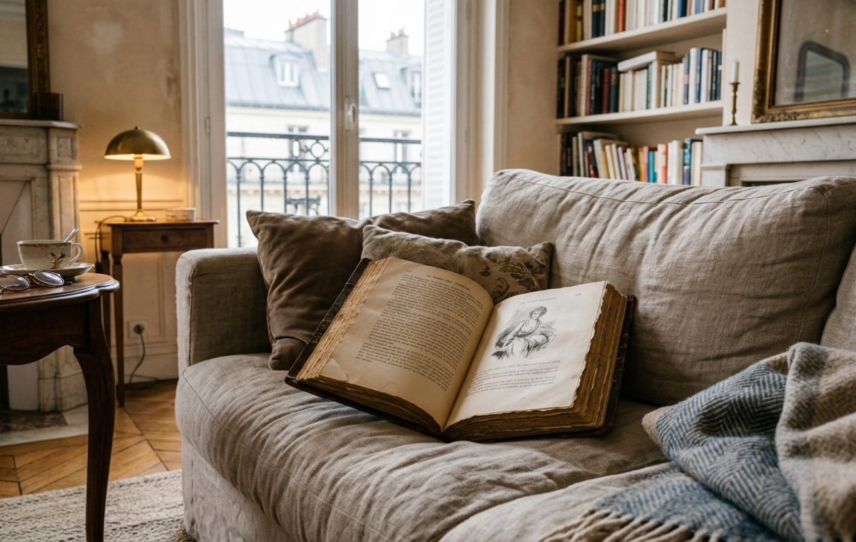 Cozy reading corner decor featuring an open vintage book on a linen sofa next to a brass lamp and tall windows in a Parisian apartment.