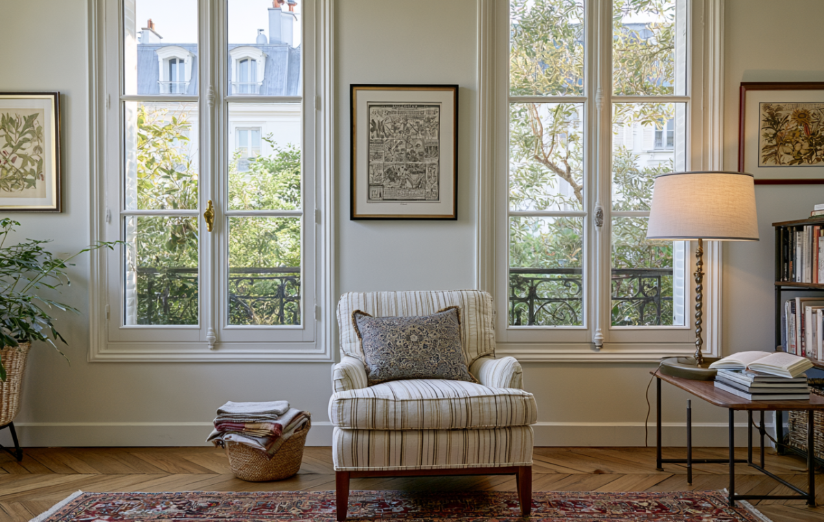 Cozy reading corner ideas featuring a striped armchair, tall windows, and a classic table lamp.