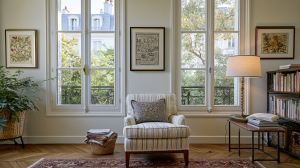 Cozy reading corner ideas featuring a striped armchair, tall windows, and a classic table lamp.