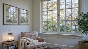 Cozy reading nook design featuring a plaid armchair, warm lantern light, and large multi-pane windows.