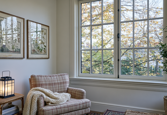Cozy reading nook design featuring a plaid armchair, warm lantern light, and large multi-pane windows.