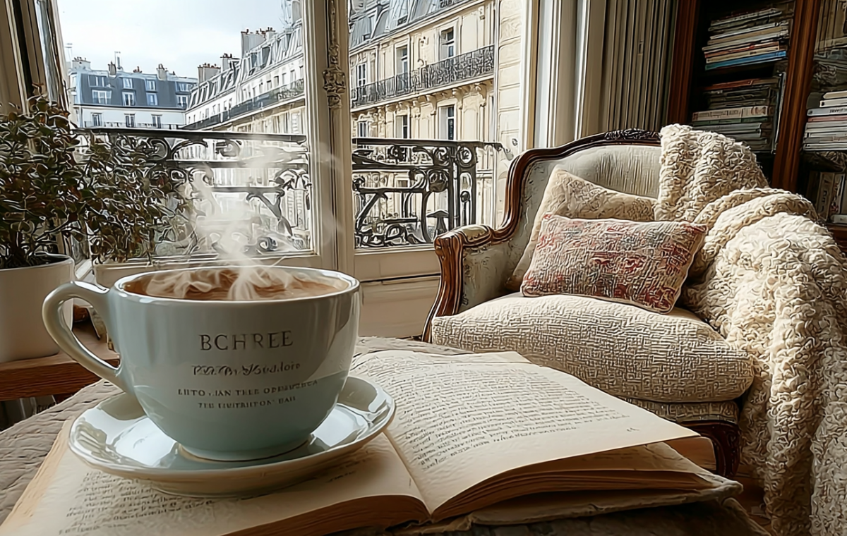 Cozy reading room design featuring a steaming cup of coffee, open book, vintage armchair, and tall French windows.