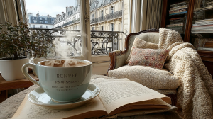Cozy reading room design featuring a steaming cup of coffee, open book, vintage armchair, and tall French windows.