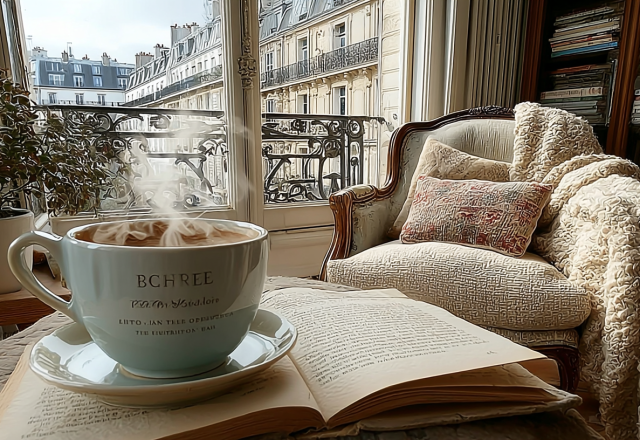 Cozy reading room design featuring a steaming cup of coffee, open book, vintage armchair, and tall French windows.