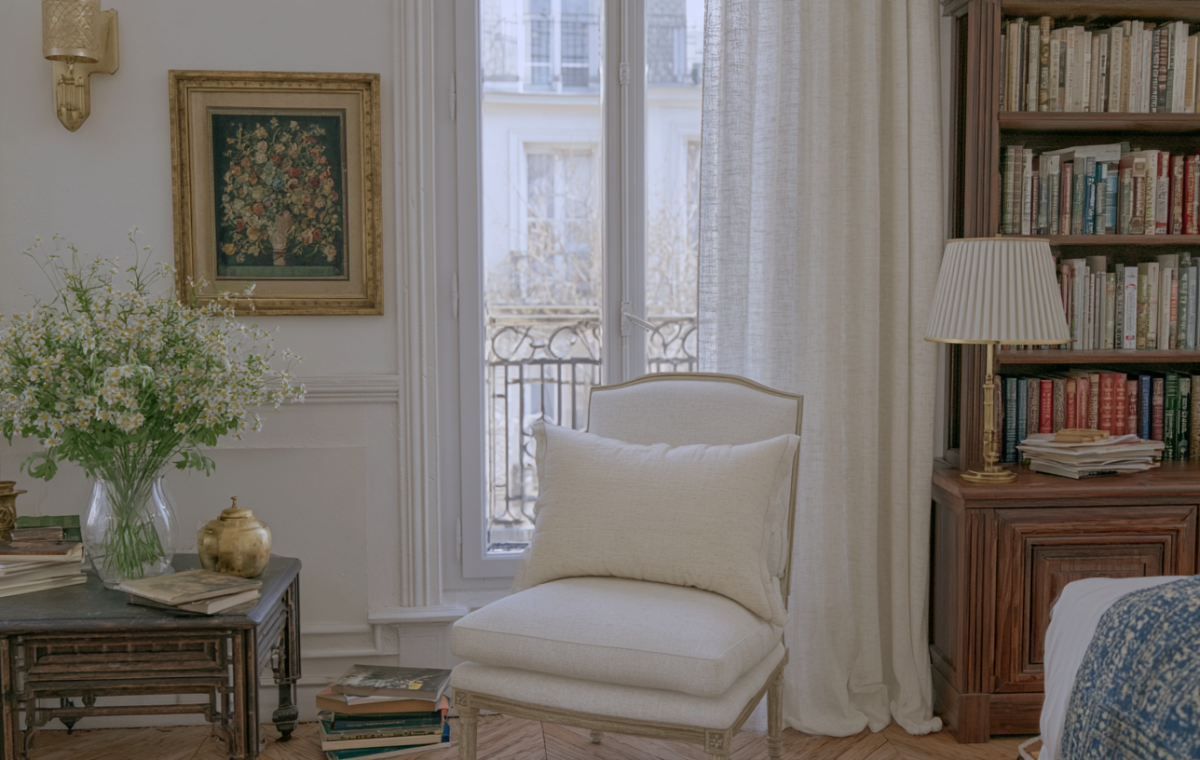 Cozy reading room interior design featuring built-in bookshelves, a white linen chair, and a large window.