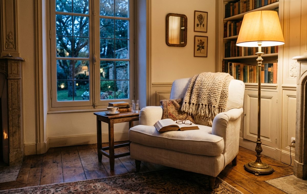 Cozy reading room corner featuring an upholstered armchair, warm floor lamp, and built-in bookshelves.