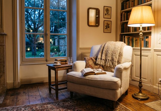 Cozy reading room corner featuring an upholstered armchair, warm floor lamp, and built-in bookshelves.