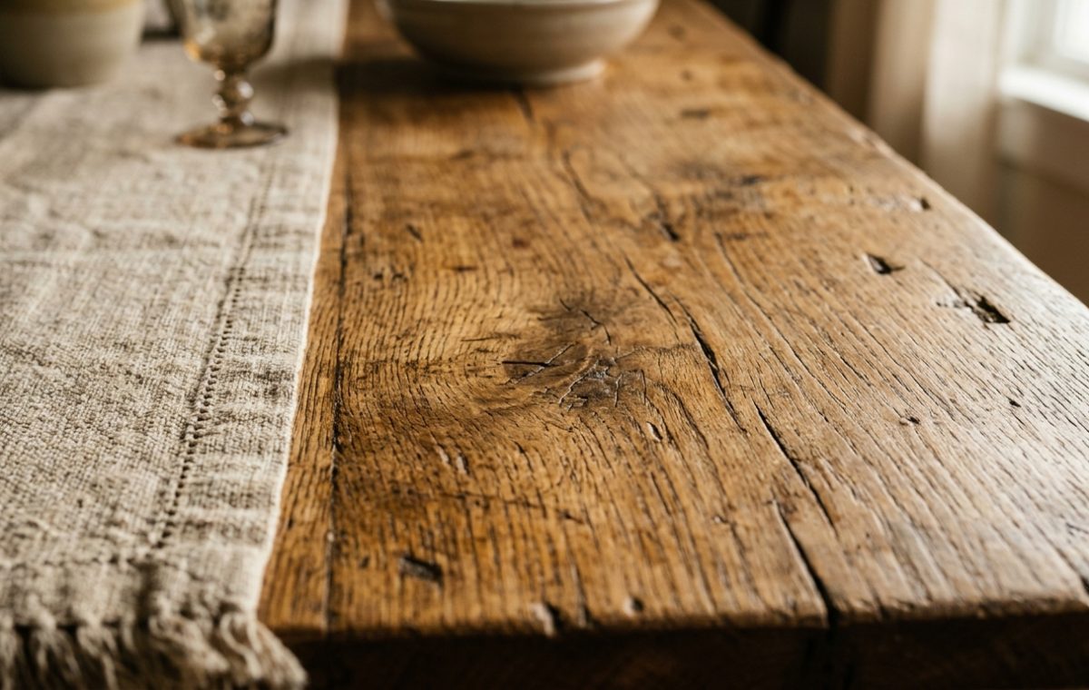Close up of a weathered reclaimed wood dining table with a textured linen runner and ceramic bowls