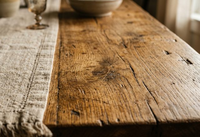 Close-up of a weathered reclaimed wood dining table with a textured linen runner and ceramic bowls