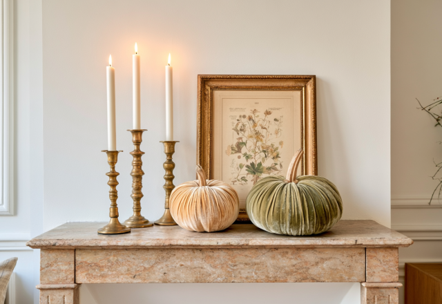 Elegant fall mantel decor featuring velvet pumpkins and brass candlesticks on a marble fireplace.