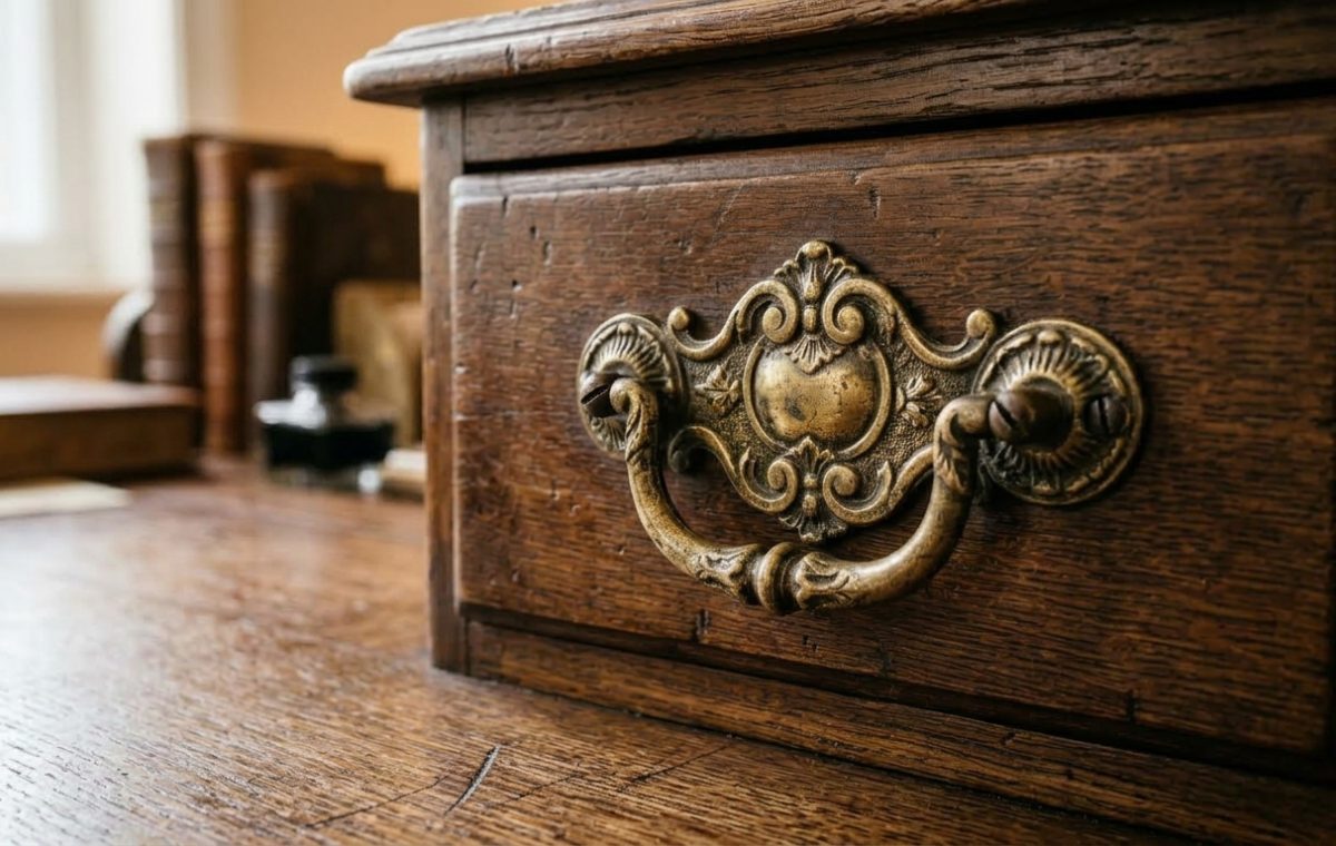 Close-up of ornate antique desk hardware featuring a brass pull on a dark wooden drawer.