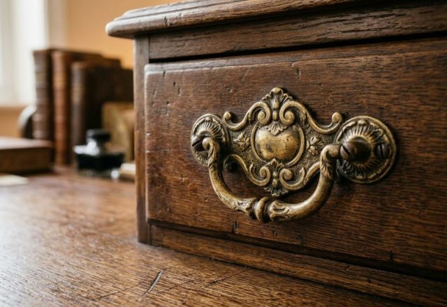 Close-up of ornate antique desk hardware featuring a brass pull on a dark wooden drawer.
