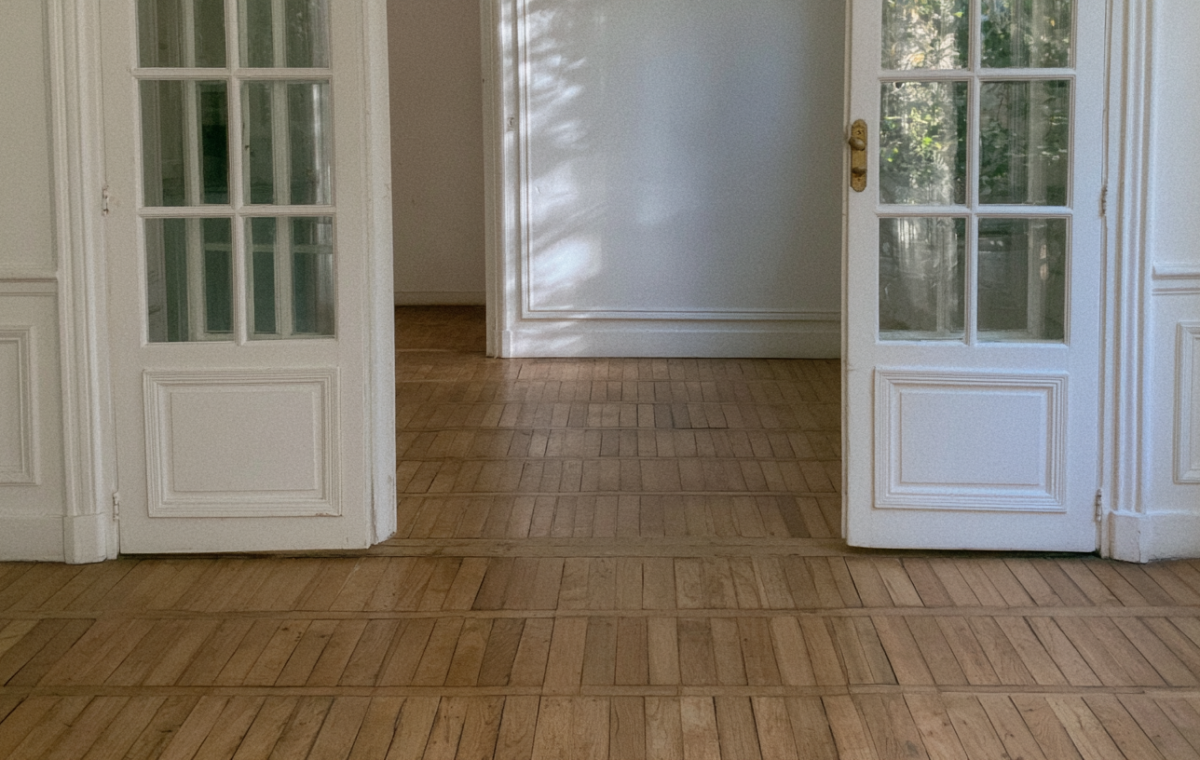 Parquetry wood floors inside a historic room with white double doors.