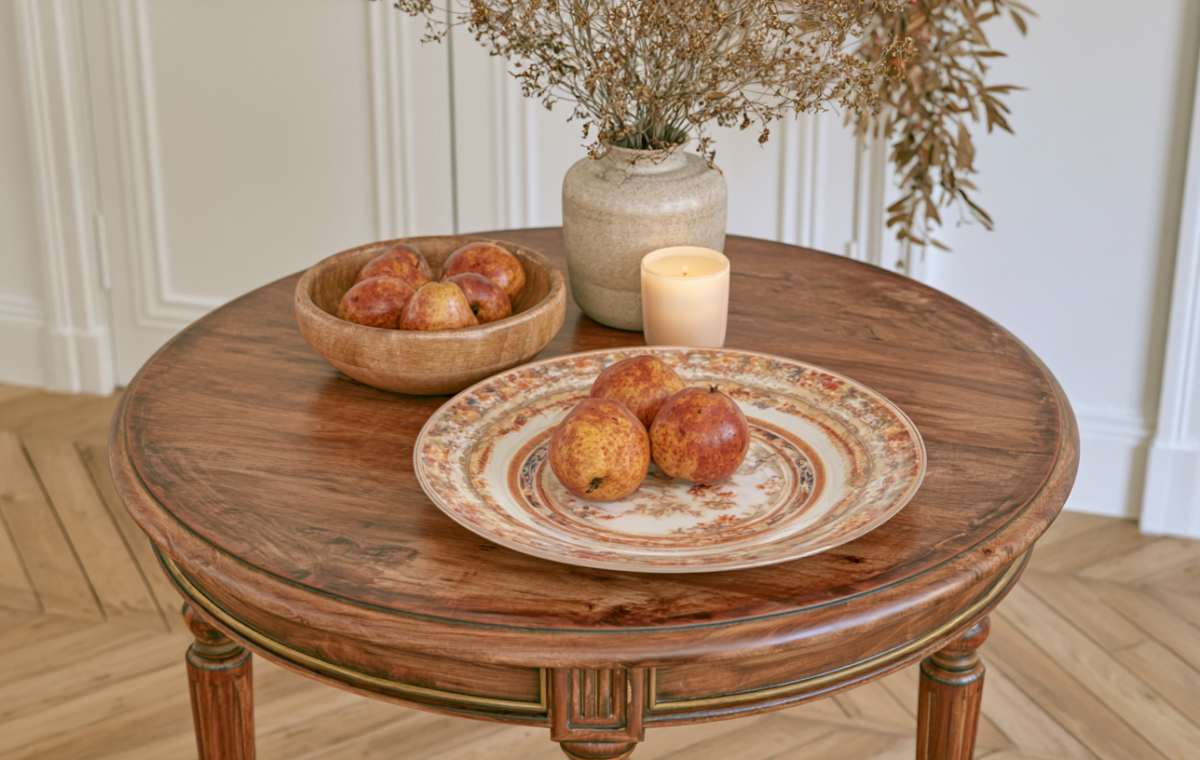A styled round wooden coffee table featuring a ceramic plate of pears, a wooden bowl, a vase with dried botanicals, and a lit candle.
