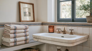 Rustic bathroom design featuring a marble sink, vintage brass faucet, and stacked waffle weave towels.