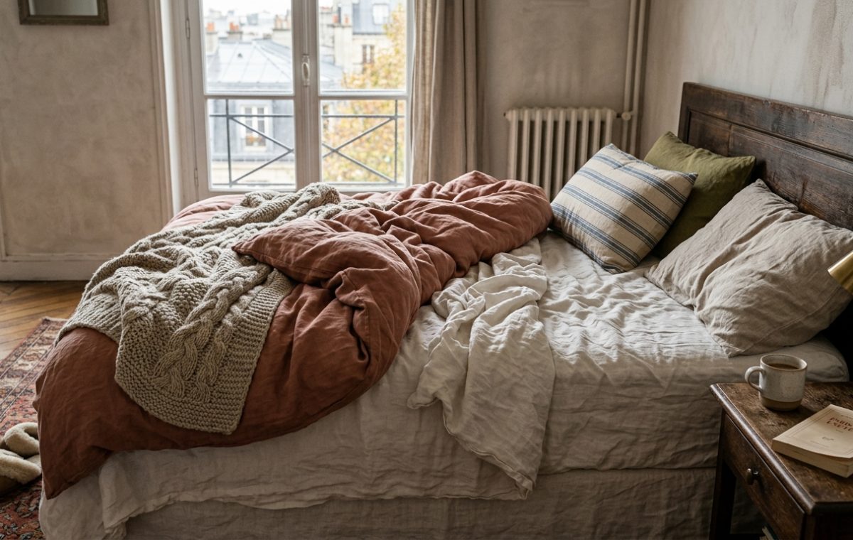 Cozy rustic bedroom styling featuring layered terracotta and neutral linen bedding with a wooden headboard.