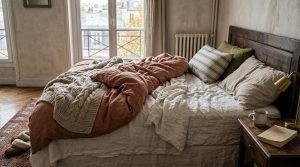 Cozy rustic bedroom styling featuring layered terracotta and neutral linen bedding with a wooden headboard.