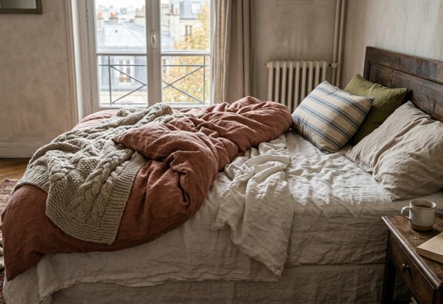 Cozy rustic bedroom styling featuring layered terracotta and neutral linen bedding with a wooden headboard.