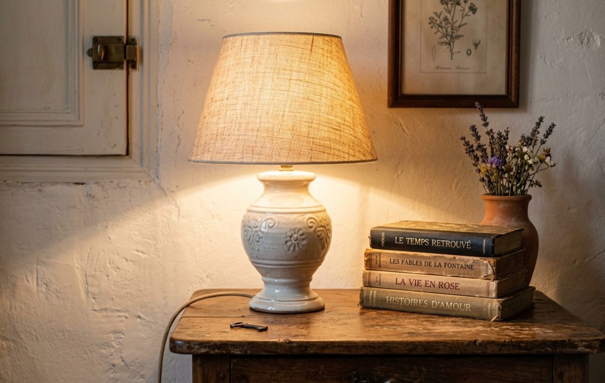 Vintage ceramic table lamp and stacked books on a rustic wooden nightstand