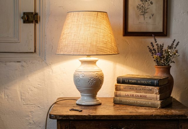 Vintage ceramic table lamp and stacked books on a rustic wooden nightstand