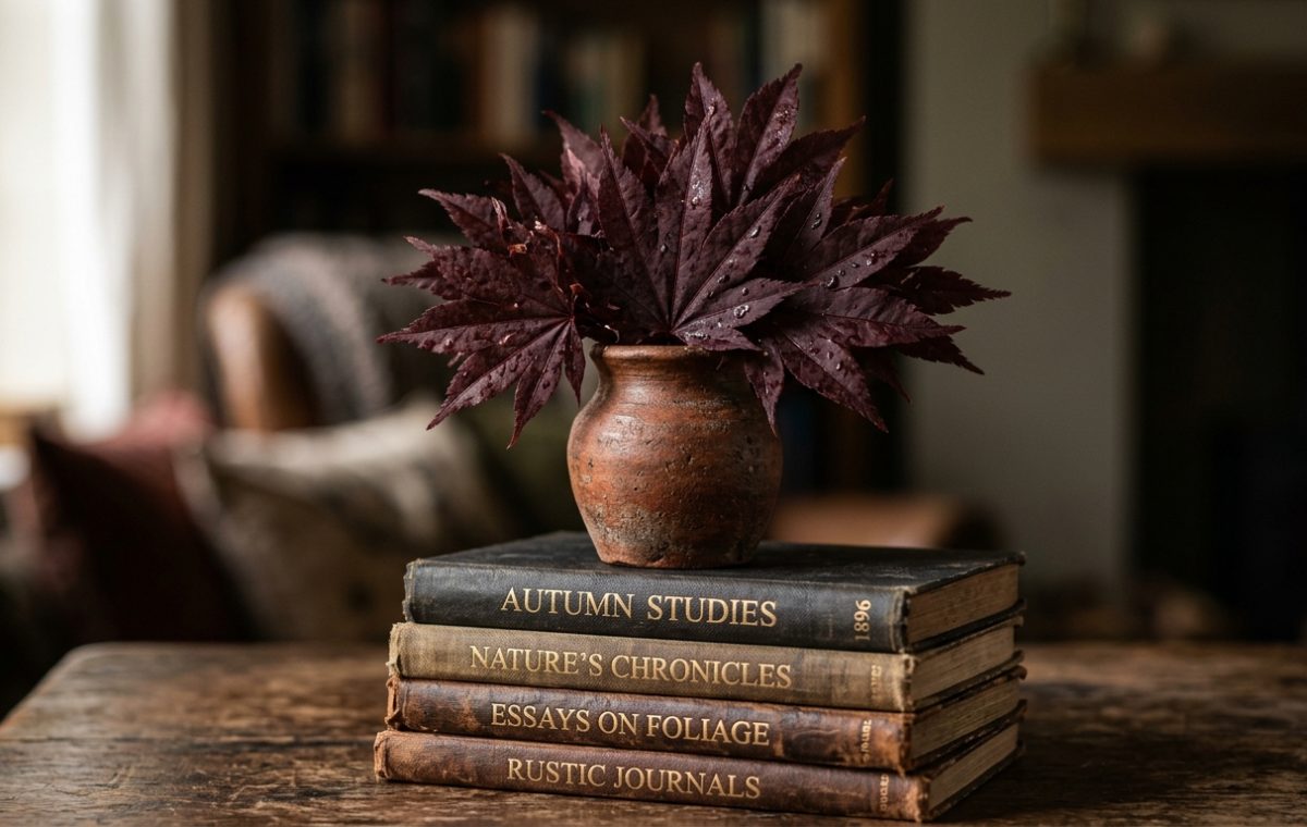 A stack of vintage rustic books topped with a terracotta pot filled with dark red autumn leaves on a wooden table.