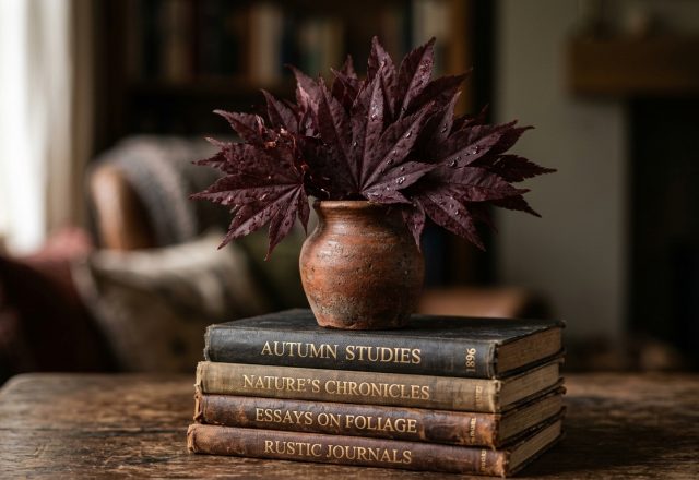 A stack of vintage rustic books topped with a terracotta pot filled with dark red autumn leaves on a wooden table.
