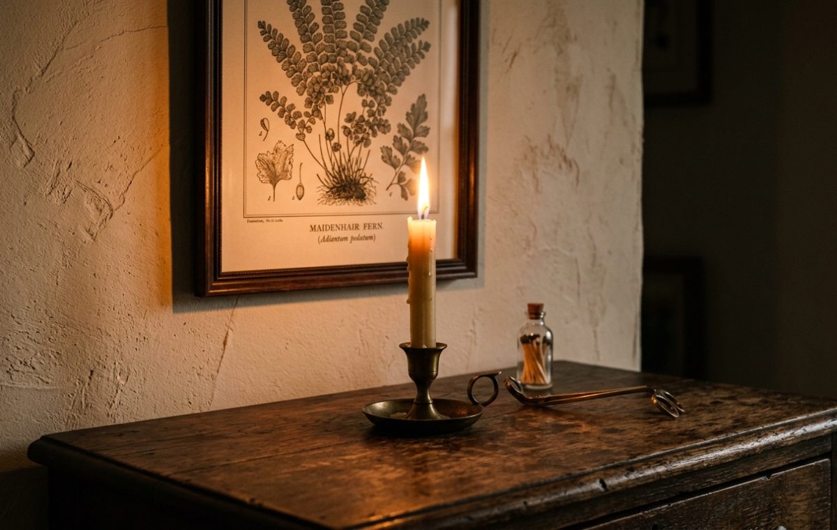 A rustic candlelit tablescape featuring a brass candlestick, vintage botanical art, and aged wood sideboard.