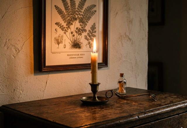 A rustic candlelit tablescape featuring a brass candlestick, vintage botanical art, and aged wood sideboard.