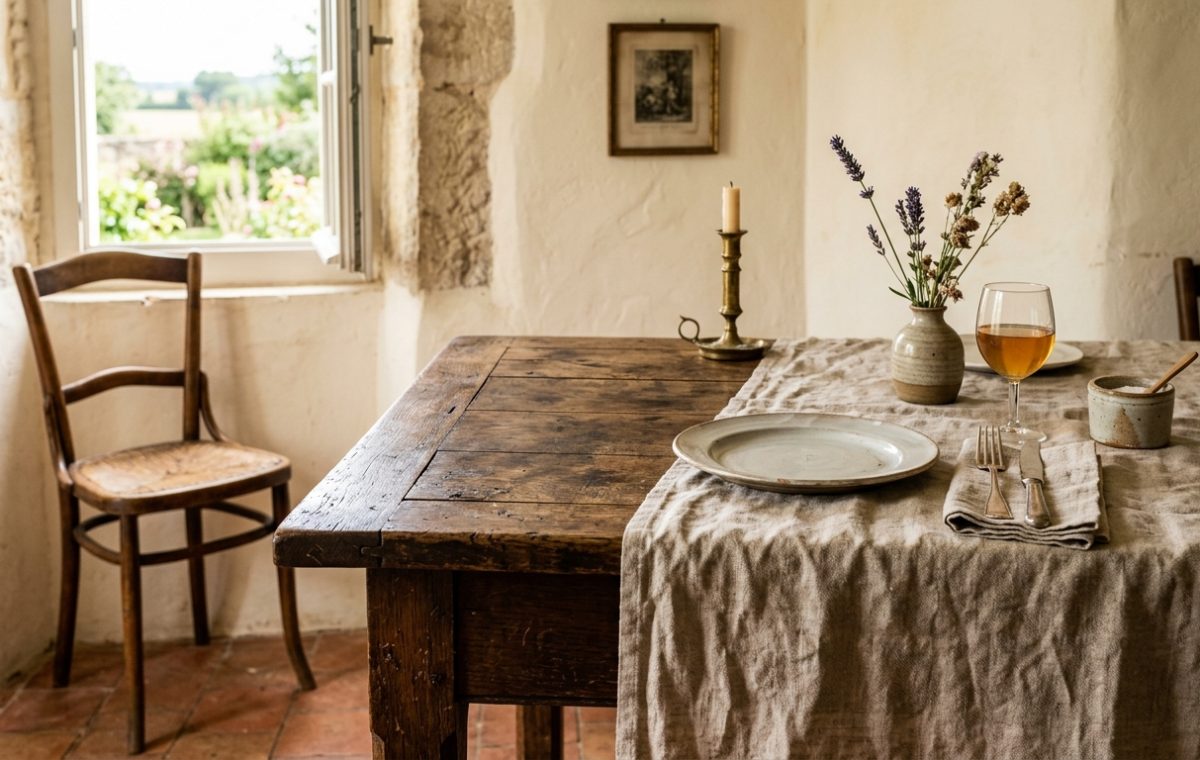 Rustic dining room decor featuring an antique wooden table, linen tablecloth, and a vintage chair by a sunny window.
