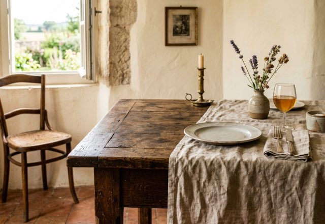 Rustic dining room decor featuring an antique wooden table, linen tablecloth, and a vintage chair by a sunny window.