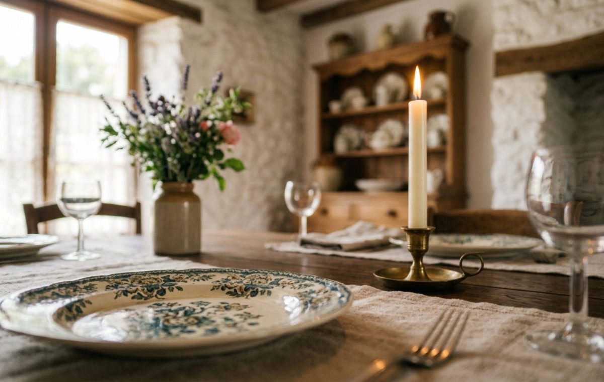 Rustic dining room decor featuring an antique wooden table, vintage floral plates, and a flickering candle.