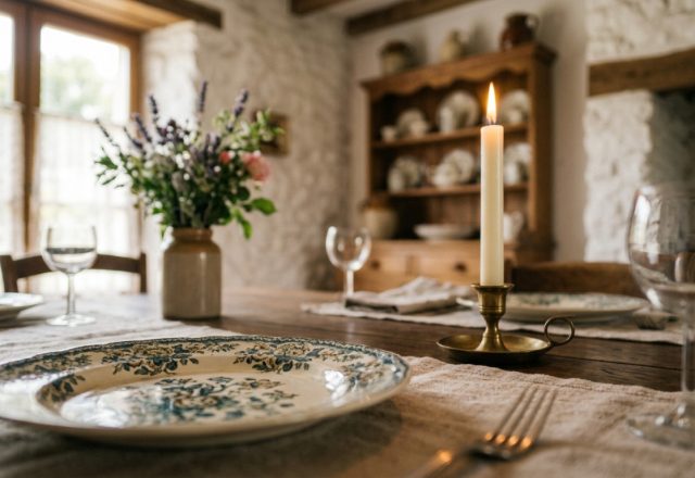 Rustic dining room decor featuring an antique wooden table, vintage floral plates, and a flickering candle.