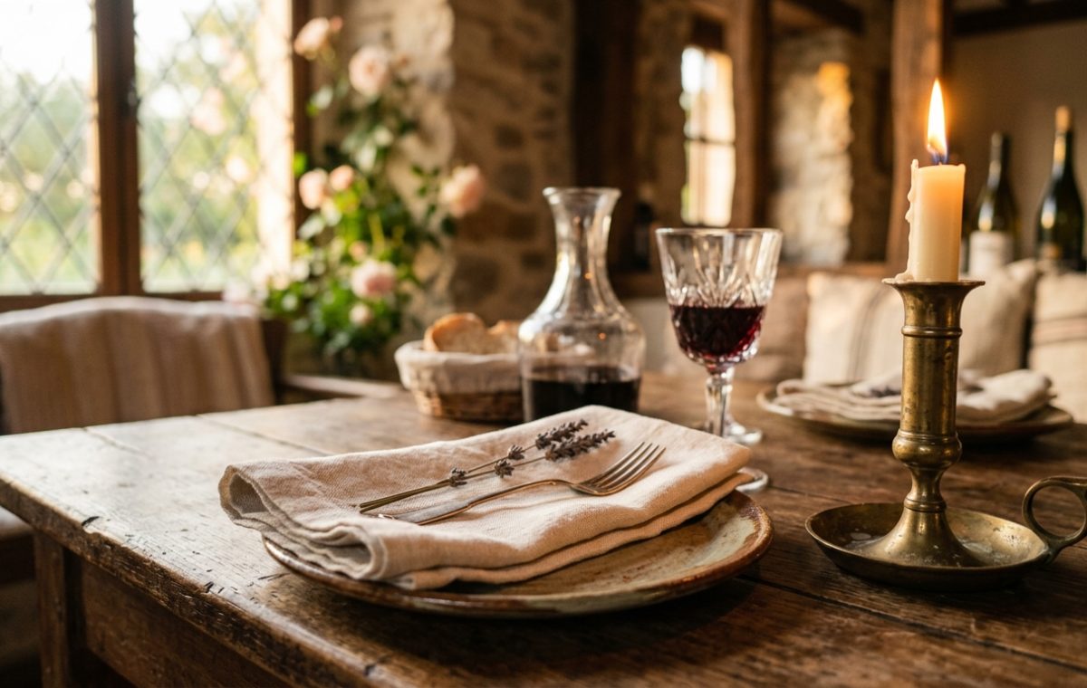 Rustic dining room decor featuring a wooden table, brass candlestick, and vintage glassware.