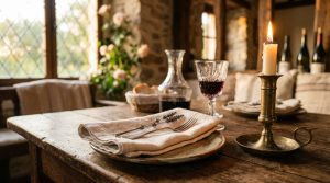 Rustic dining room decor featuring a wooden table, brass candlestick, and vintage glassware.