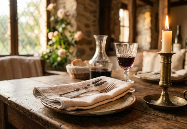 Rustic dining room decor featuring a wooden table, brass candlestick, and vintage glassware.