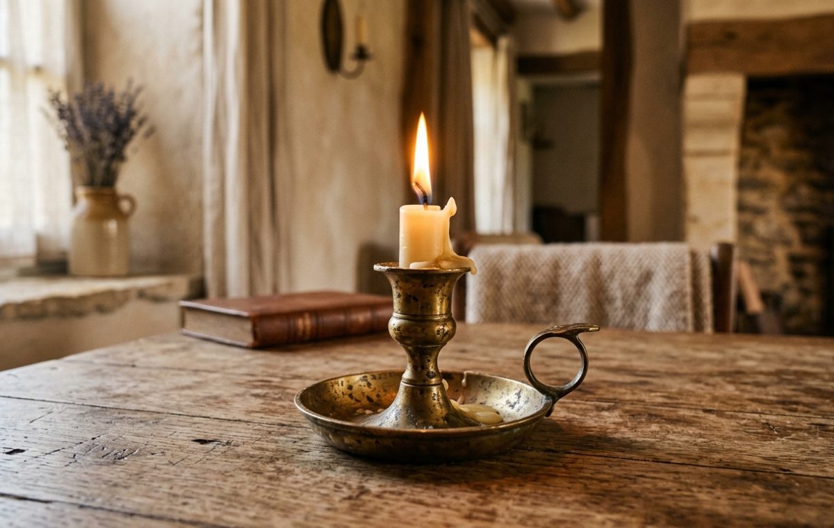 An antique brass candlestick with a burning candle on a weathered rustic dining table
