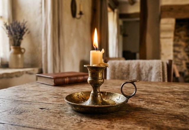 An antique brass candlestick with a burning candle on a weathered rustic dining table