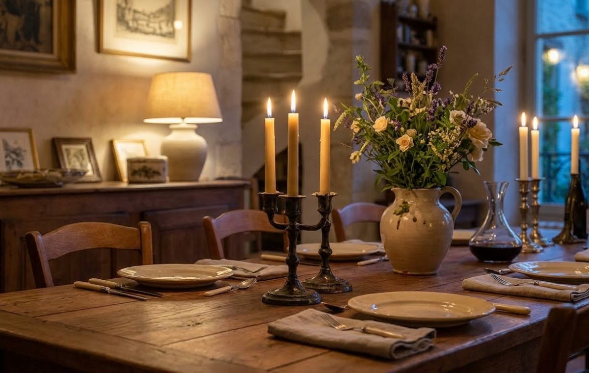 rustic dining room lighting with taper candles and a wooden table