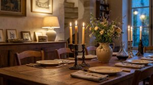 rustic dining room lighting with taper candles and a wooden table