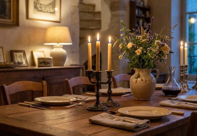 rustic dining room lighting with taper candles and a wooden table