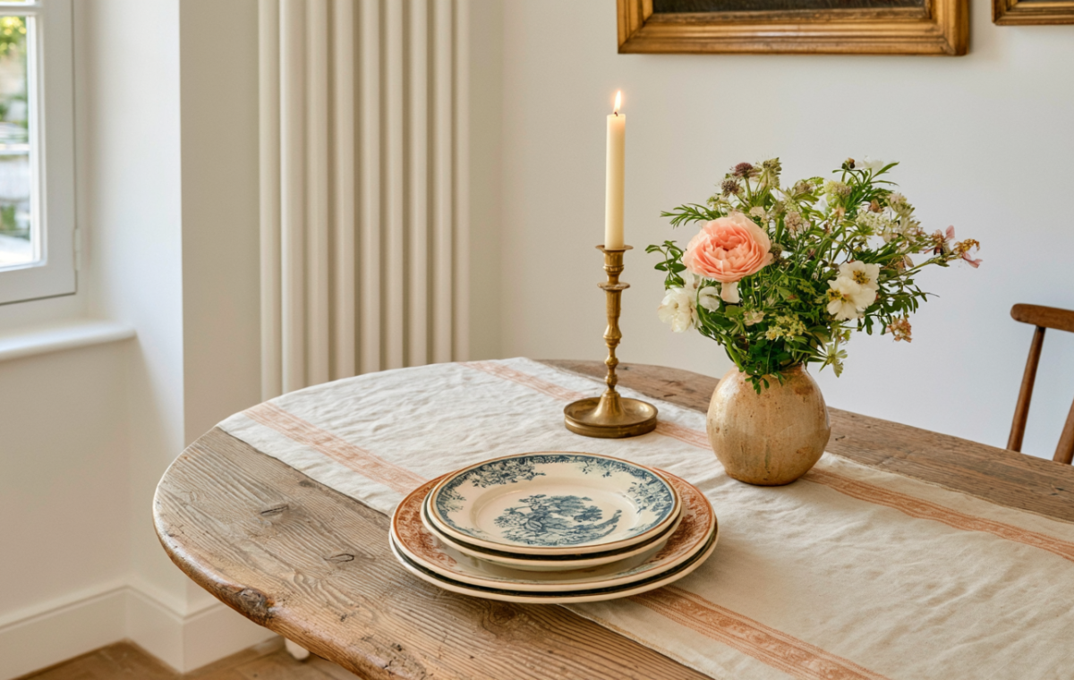 Rustic dining room table decor featuring antique plates, a brass candle holder, and a vase of wildflowers on a wooden table.