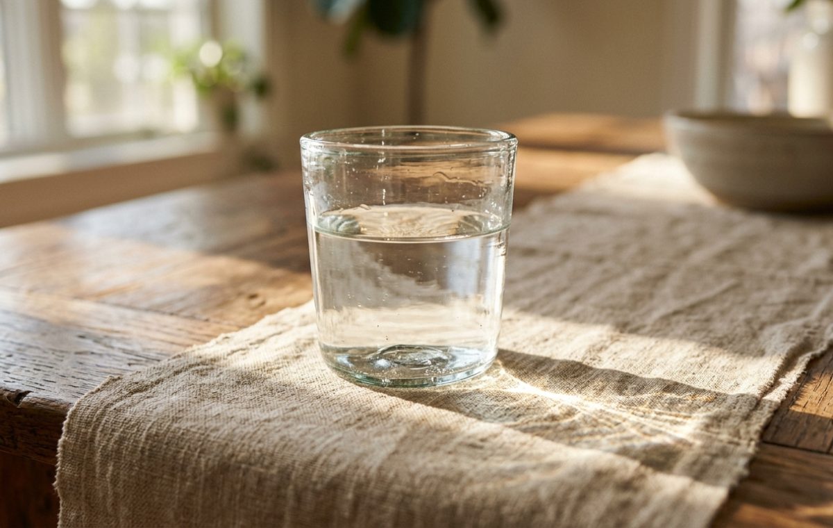 Simple glass of water and linen runner on a rustic wooden dining table bathed in morning sunlight