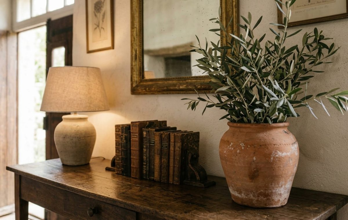 Rustic entryway console table decor featuring vintage books, terracotta pot with olive branches, and a lamp.