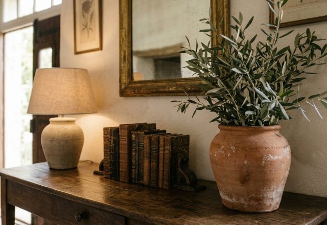 Rustic entryway console table decor featuring vintage books, terracotta pot with olive branches, and a lamp.