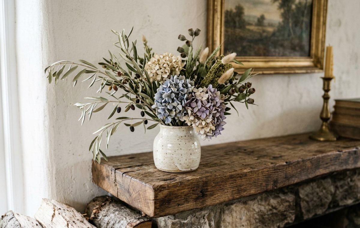 Rustic fireplace mantel decor styled with a ceramic vase, dried botanicals, vintage books, and a brass candlestick.