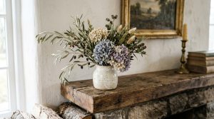 Rustic fireplace mantel decor styled with a ceramic vase, dried botanicals, vintage books, and a brass candlestick.