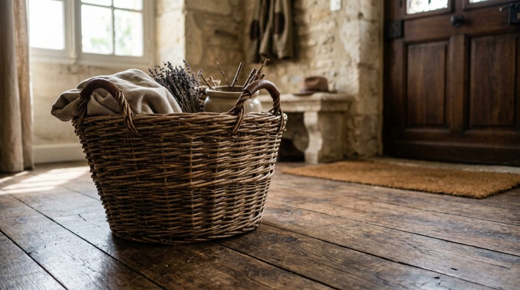 Rustic Front Entryway Decor Ideas With Wicker Baskets