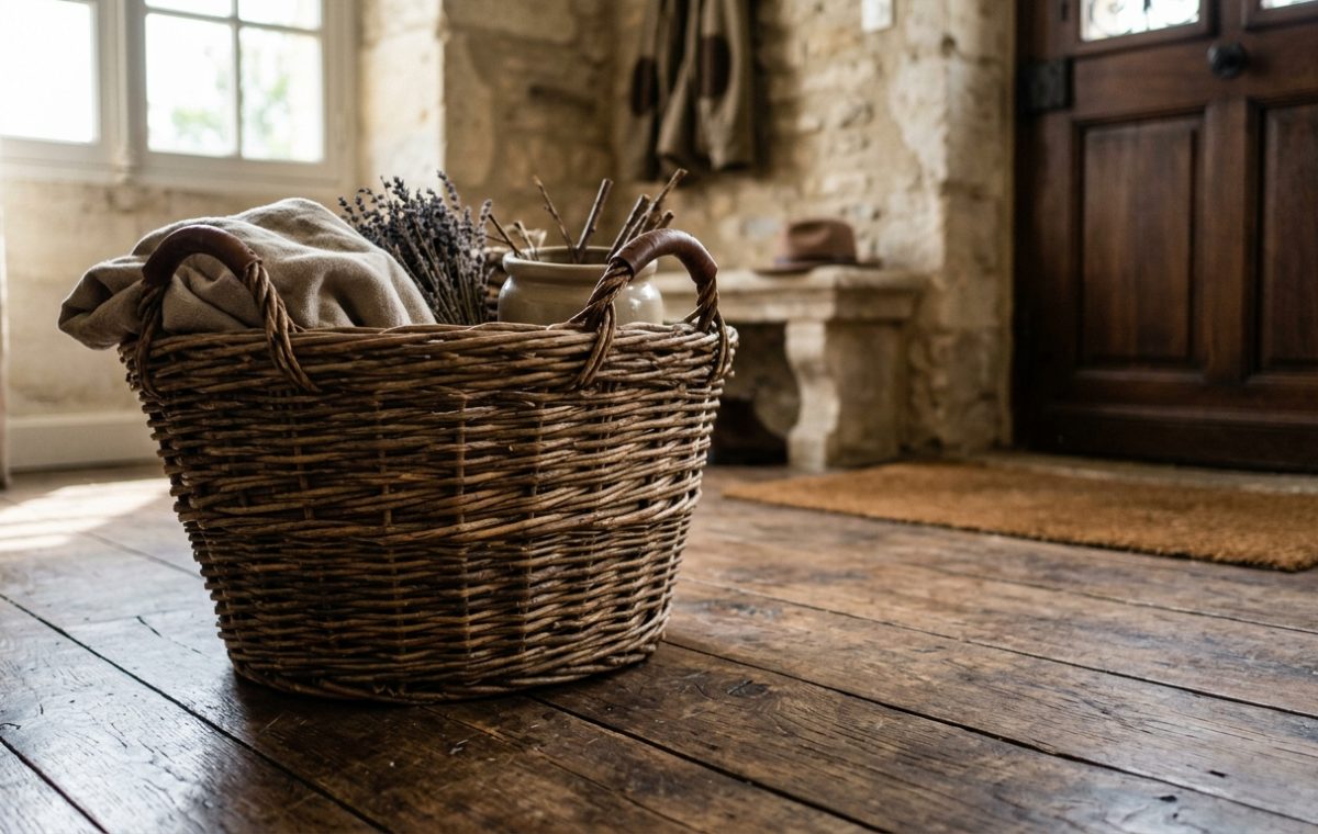 Rustic front entryway decor featuring a large wicker basket with linen throw on hardwood floors.