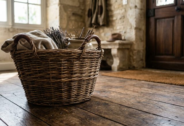 Rustic front entryway decor featuring a large wicker basket with linen throw on hardwood floors.