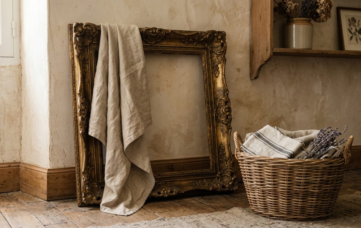 Vintage ornate gold picture frame with neutral linen and woven basket in a rustic living room